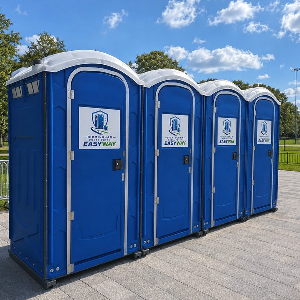 Row of clean blue Birmingham Porta Potty Easyway portable toilets at an event in Birmingham, AL